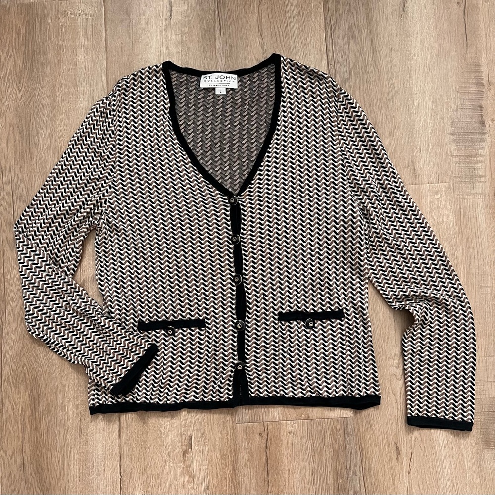 ST. JOHN Collection Cardigan‎ Sweater Black & Cream Plaid, Size L, Mint